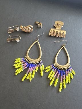 Vintage Gold-Tone Teardrop Earrings with Yellow, Blue & Pink Beads